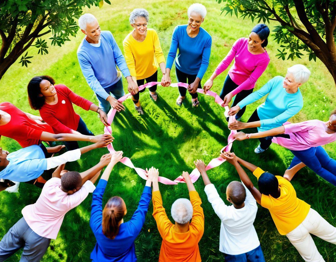 A diverse group of people of different ages and backgrounds holding hands in a circle, radiating hope and strength, surrounded by symbols of health like ribbons and hearts. The backdrop features a peaceful park with sunlight filtering through the trees, conveying a sense of community and resilience. Include elements that represent cancer advocacy, such as informative signs and supportive gestures. vibrant colors. super-realistic.