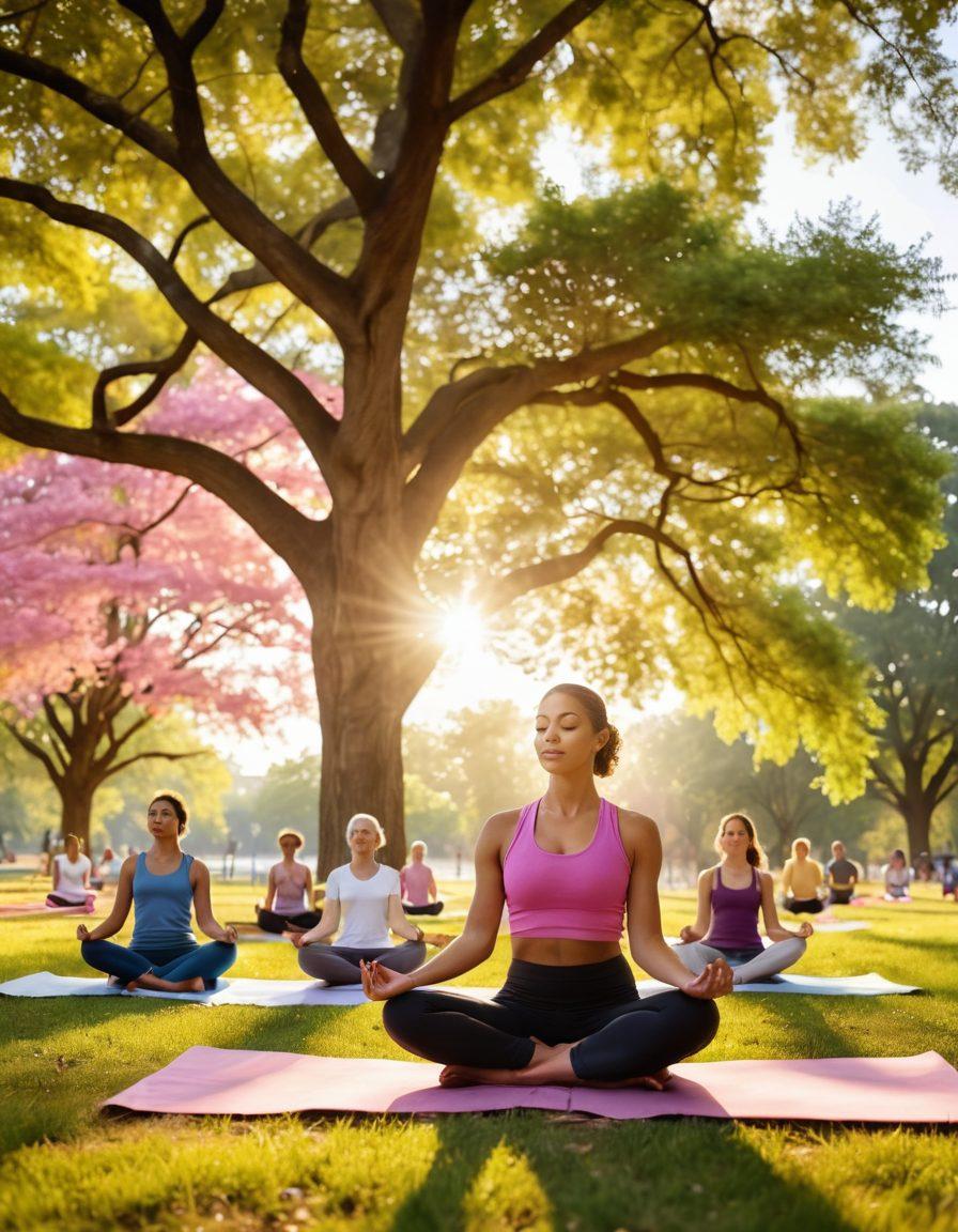 A serene landscape showcasing a strong, diverse group of individuals engaging in wellness activities like yoga and meditation in a park, surrounded by symbols of cancer awareness such as ribbons and educational materials. The scene is imbued with warm, uplifting colors to evoke a sense of hope and empowerment. Include elements like sunlight streaming through trees, depicting positivity and growth. super-realistic. vibrant colors. nature-inspired.