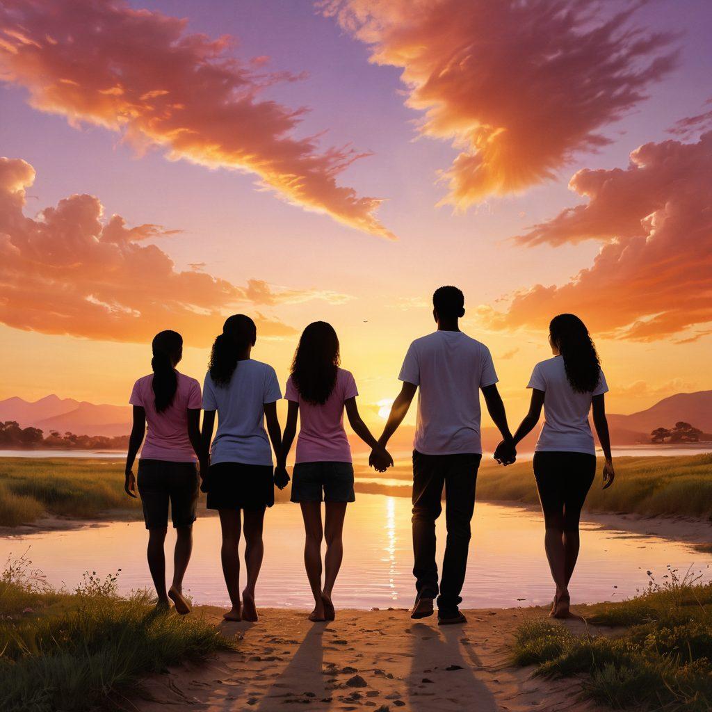 A serene landscape featuring a diverse group of individuals holding hands, symbolizing unity and support. In the background, a vibrant sunset casts warm hues, representing hope and resilience. Include subtle symbols of cancer awareness, such as ribbons or candles, scattered throughout the scene. A gentle breeze creates a sense of movement, reinforcing the idea of empowerment and journeys. super-realistic. vibrant colors. warm tones.